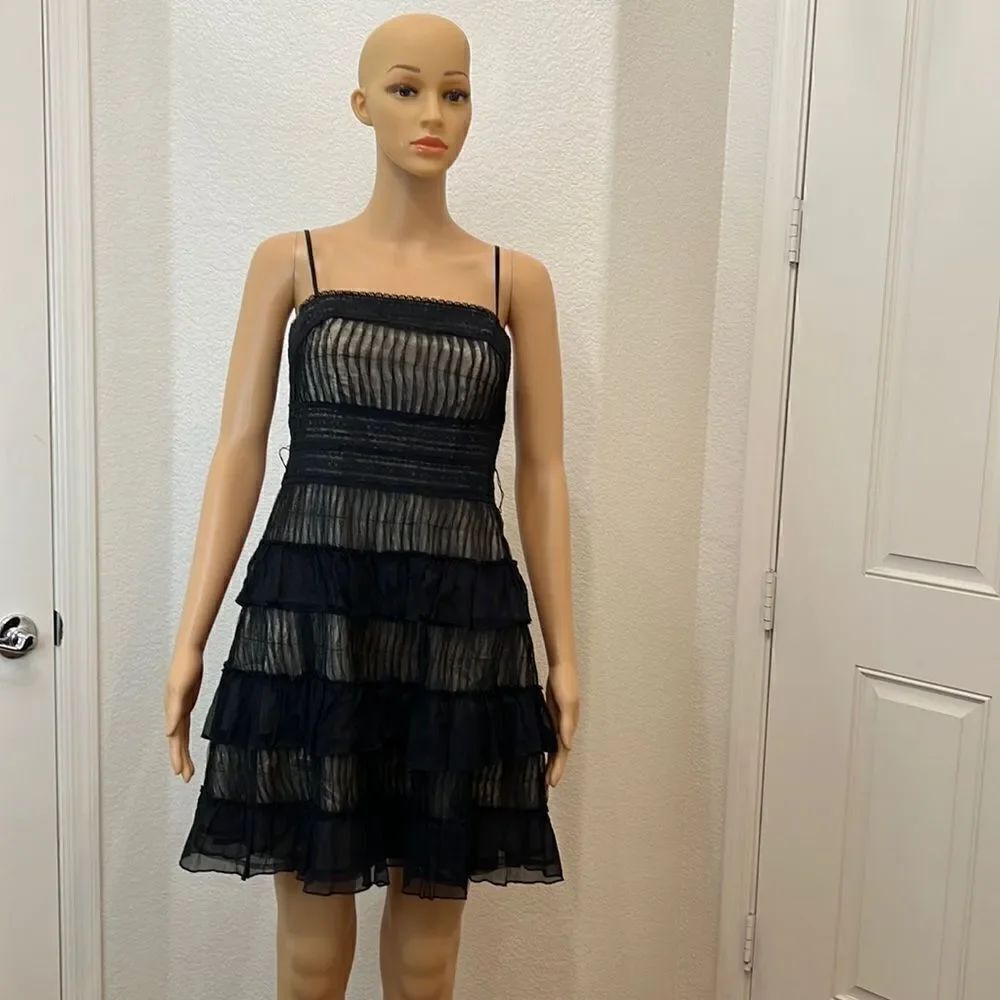Guess By Marciano Dress Size XS Black Sheer Lined Spaghetti Straps Mini Ruffles